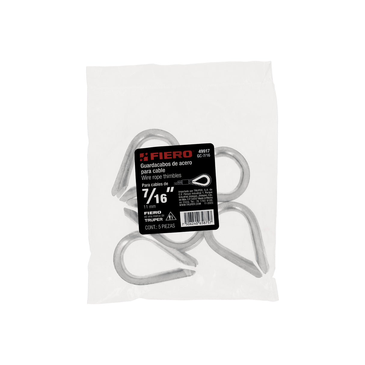 Bolsa con 5 Guardacabos para Cable de Acero de 7/16', Fiero