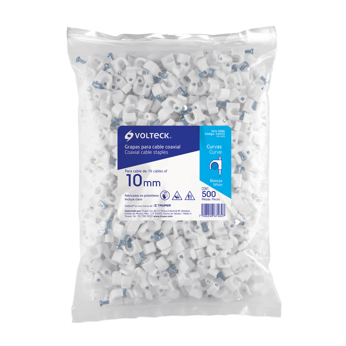 Bolsa con 500 Grapas Blancas de 10 mm para Cable Redondo