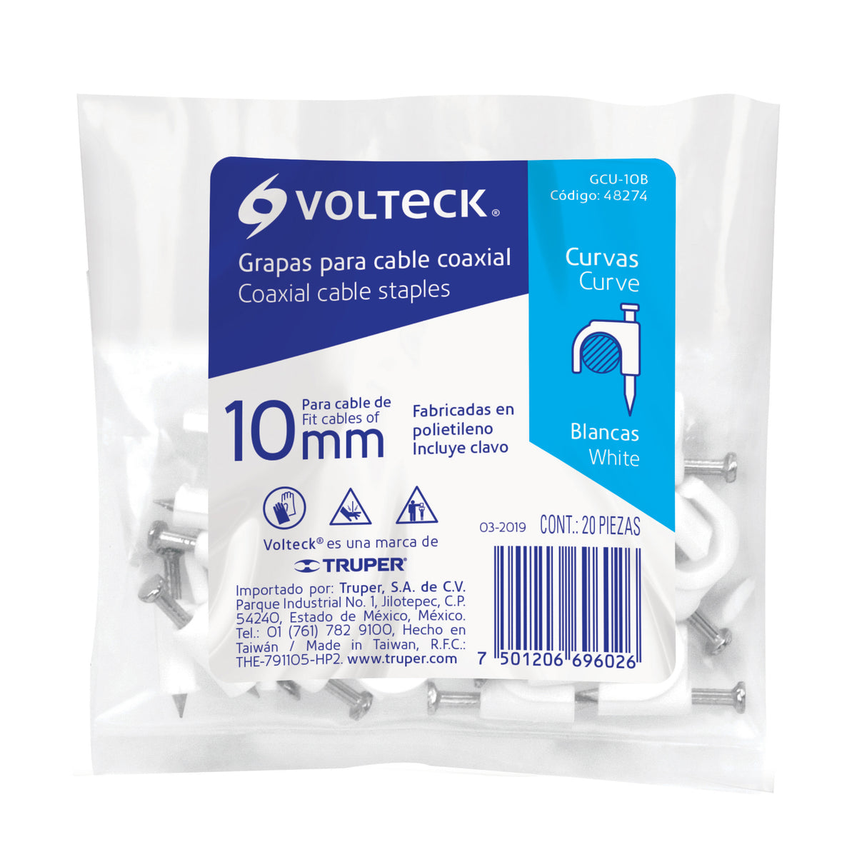 Bolsa con 20 Grapas Blancas de 10 mm para Cable Redondo