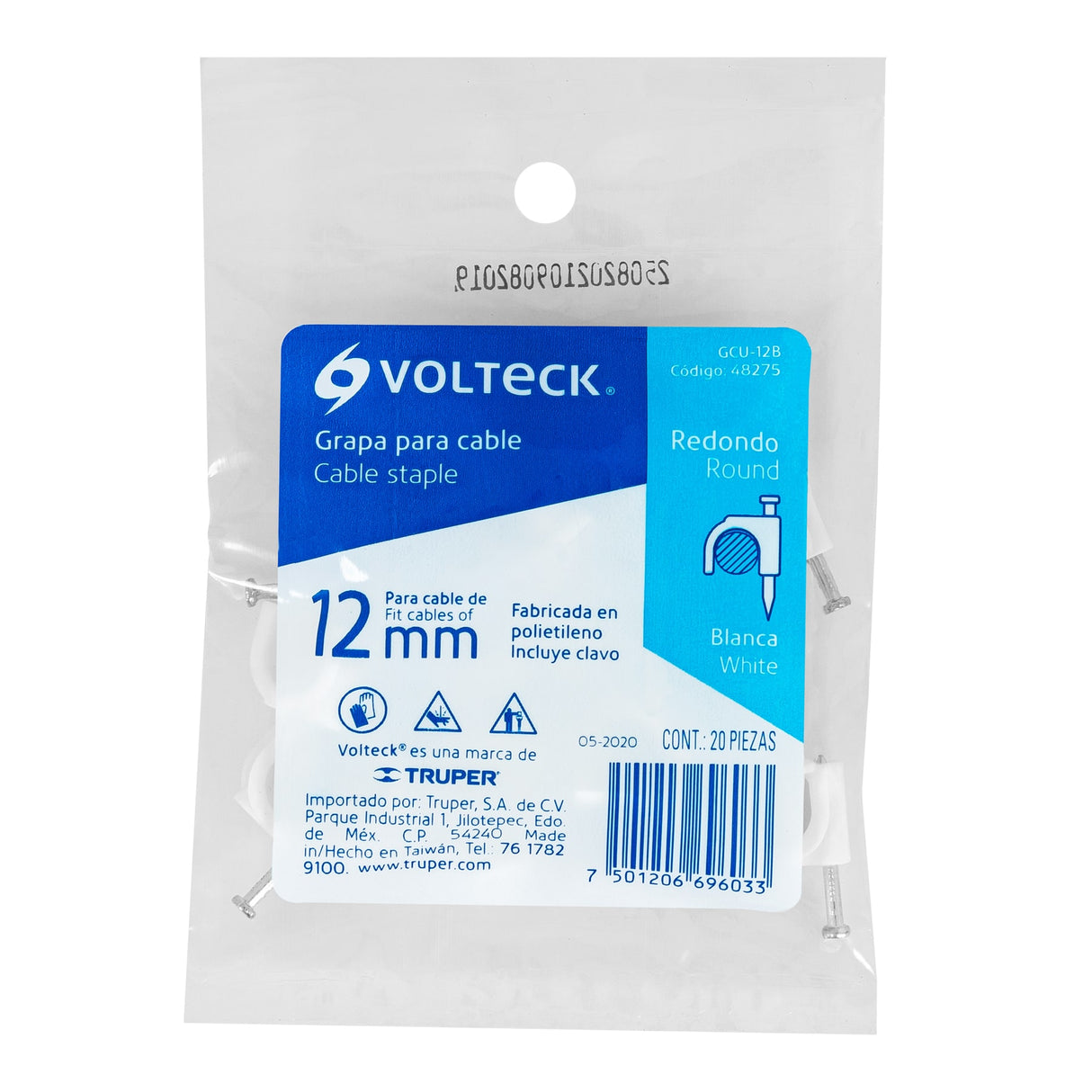 Bolsa con 20 Grapas Blancas de 12 mm para Cable Redondo