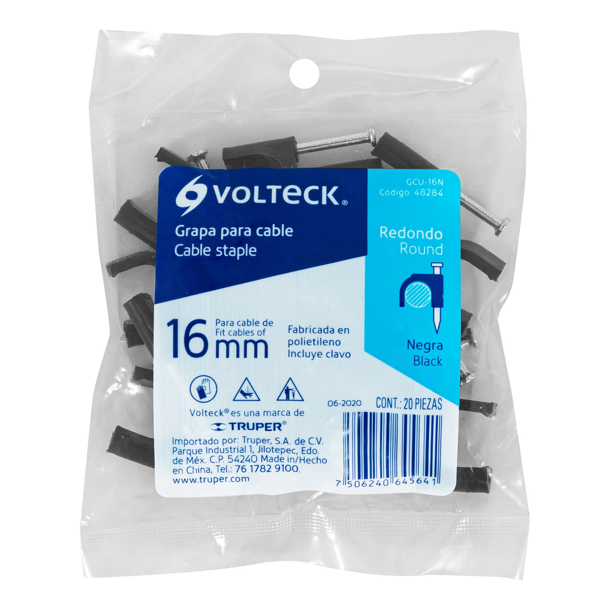 Bolsa con 20 Grapas Negras de 16 mm para Cable Redondo