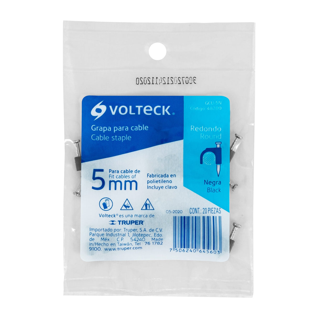 Bolsa con 20 Grapas Negras de 5 mm para Cable Redondo