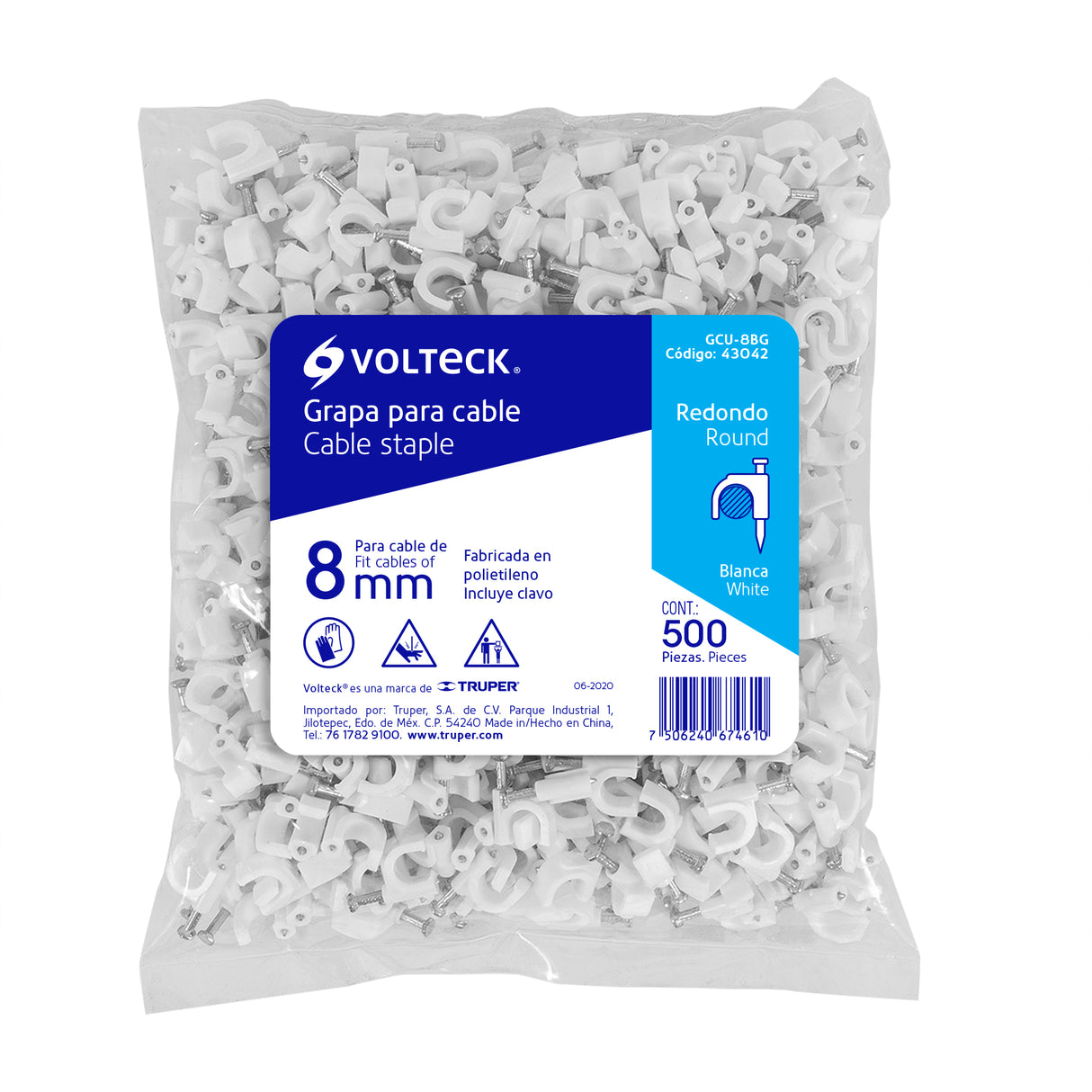 Bolsa con 500 Grapas Blancas de 8 mm para Cable Redondo