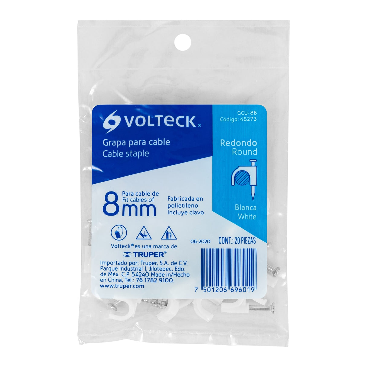 Bolsa con 20 Grapas Blancas de 8 mm para Cable Redondo