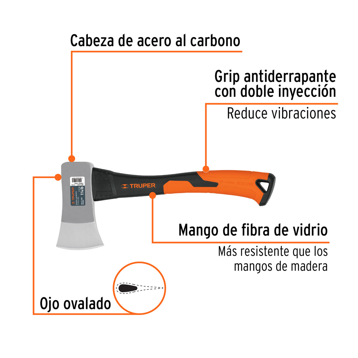 Hacha Cazadora 1-1/4 lb, Mango Fibra de Vidrio 14', Truper