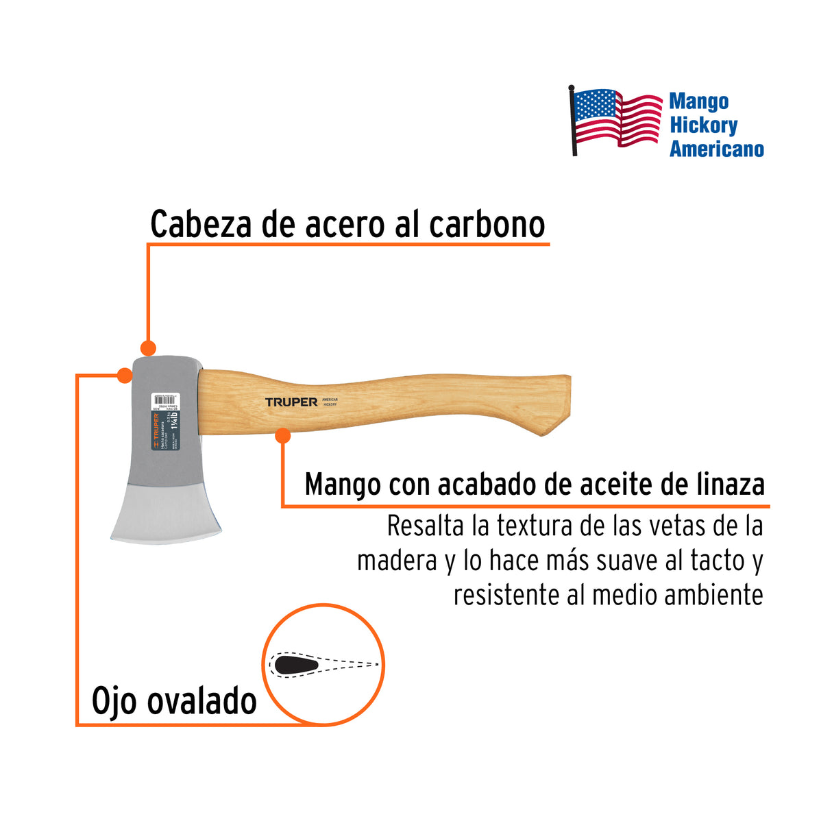 Hacha Cazadora 1-1/4 lb, Mango Hickory 14', Truper