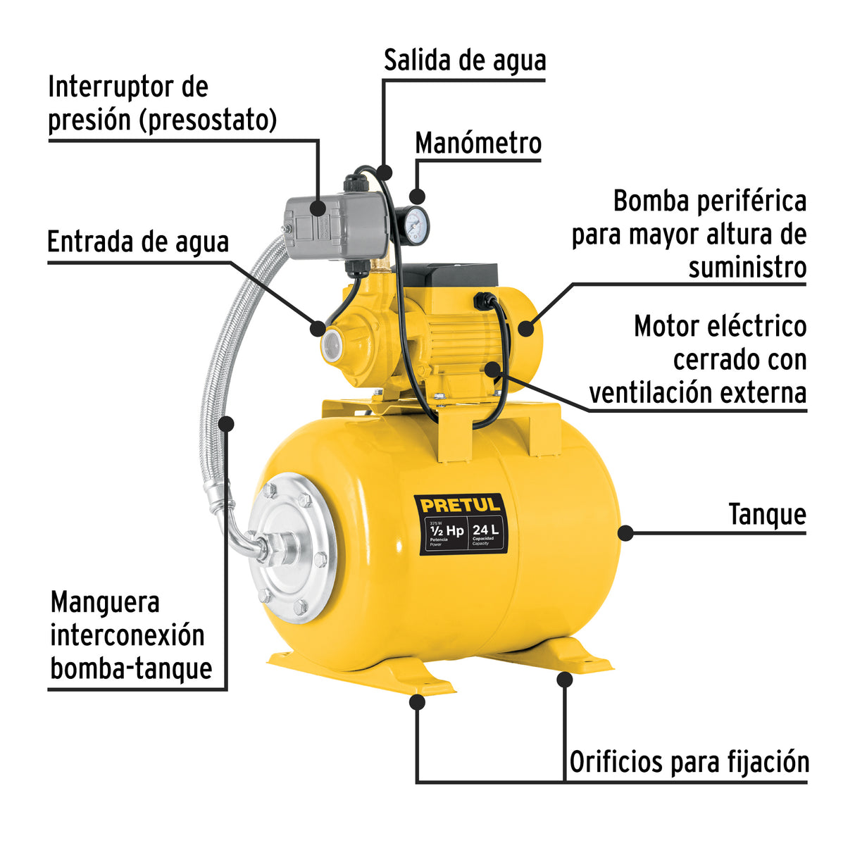 Equipo Hidroneumático 24 L, Bomba Periférica 1/2 HP, Pretul