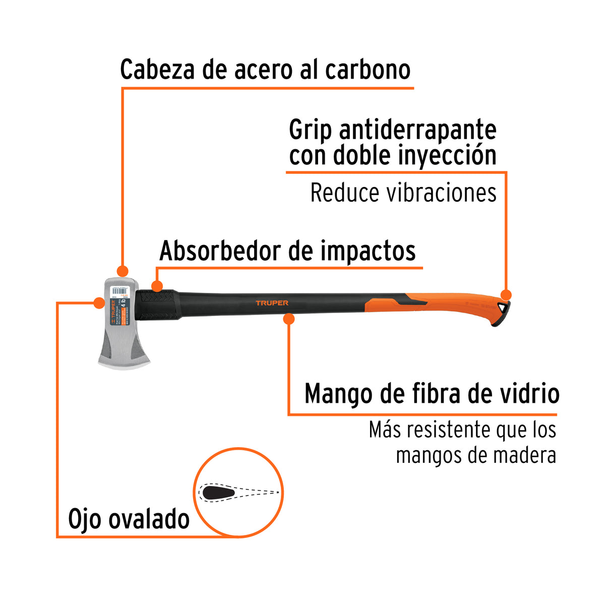 Hacha Michigan 4 lb, Mango Fibra de Vidrio 34', Truper