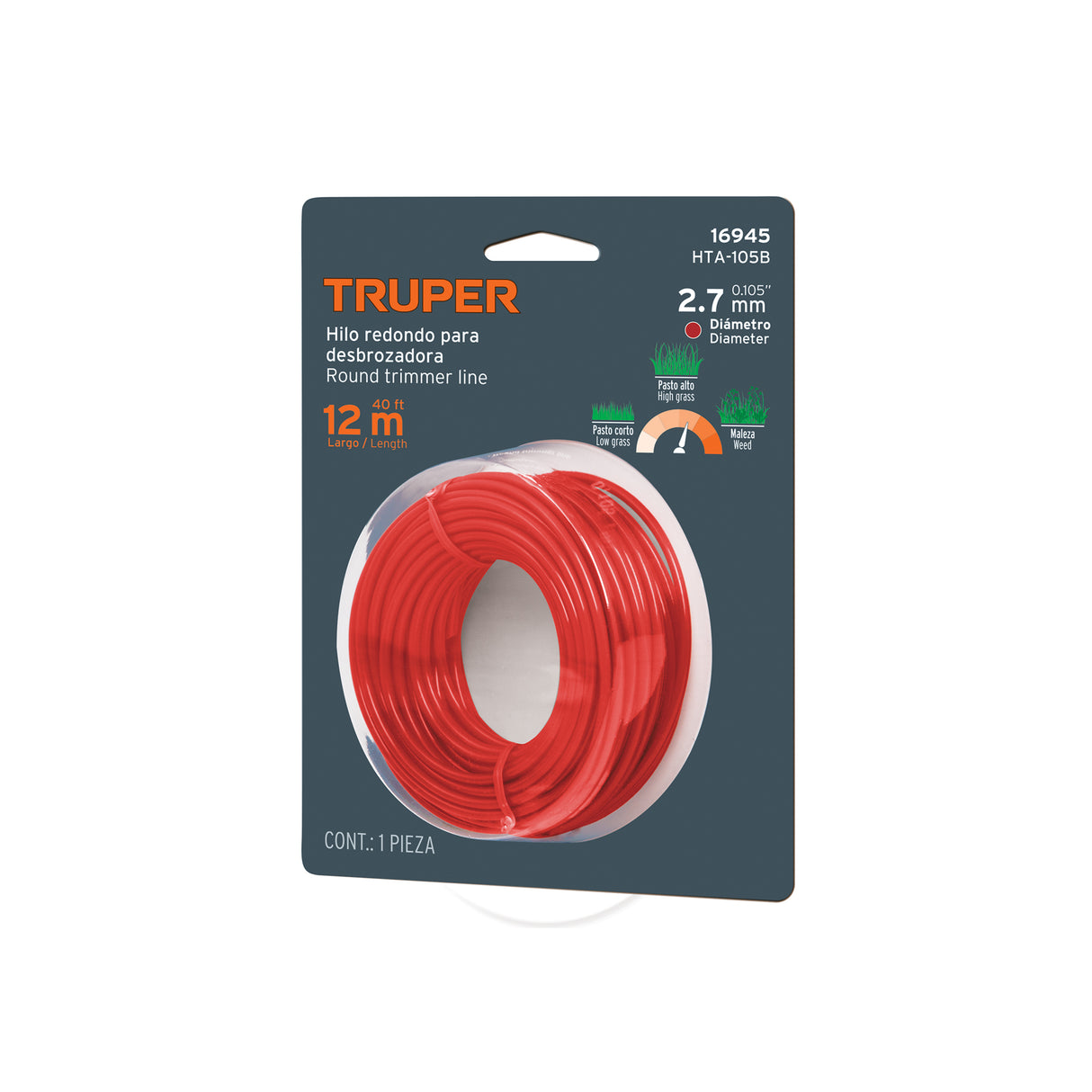 Hilo Redondo, para Desbrozadora, 2.7 mm X12M, Tarjeta, Truper
