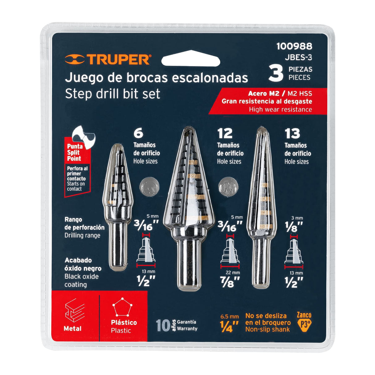 Juego de 3 Brocas Escalonadas de Óxido Negro, Truper