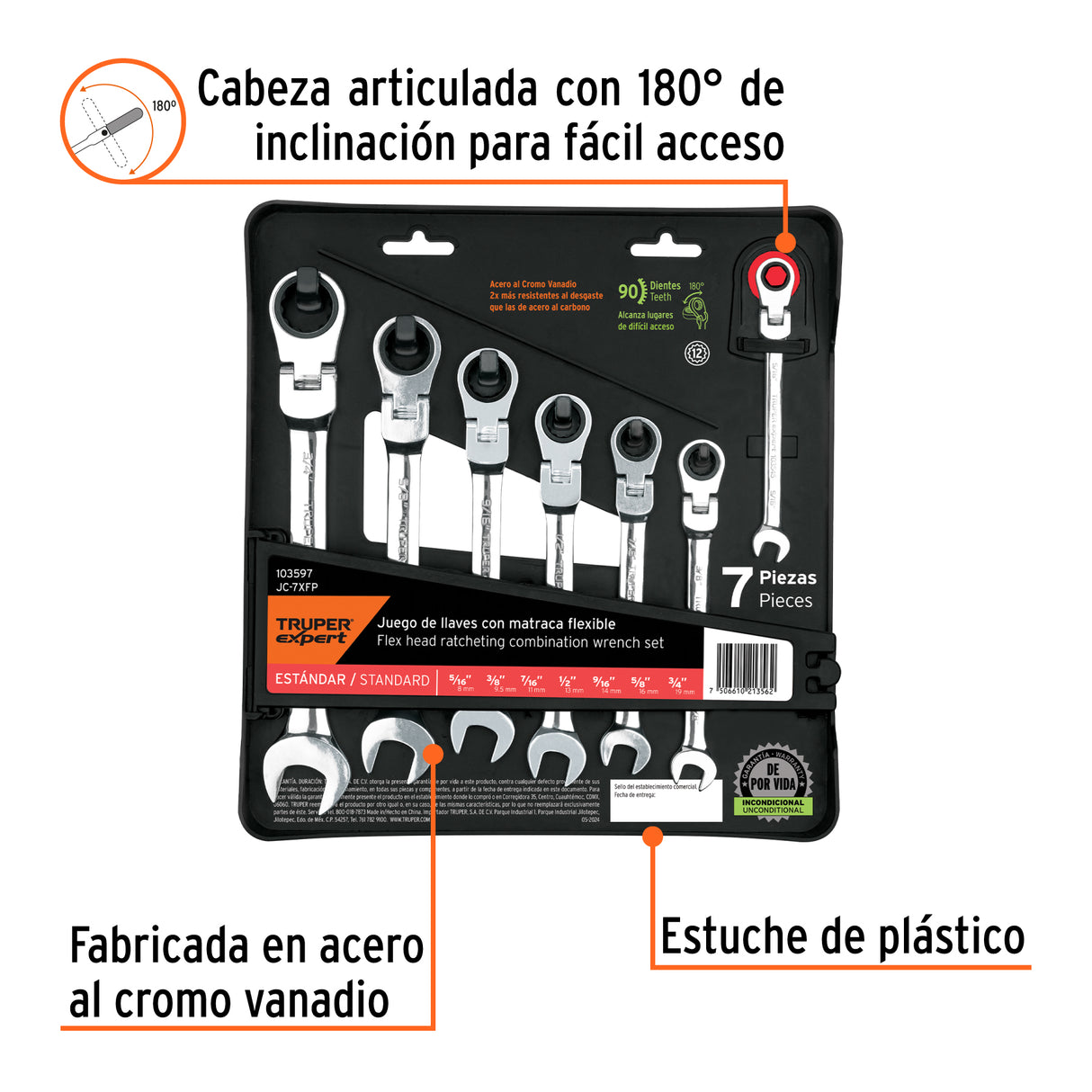 Juego de 7 Llaves Combinadas Std con Matraca Flexible