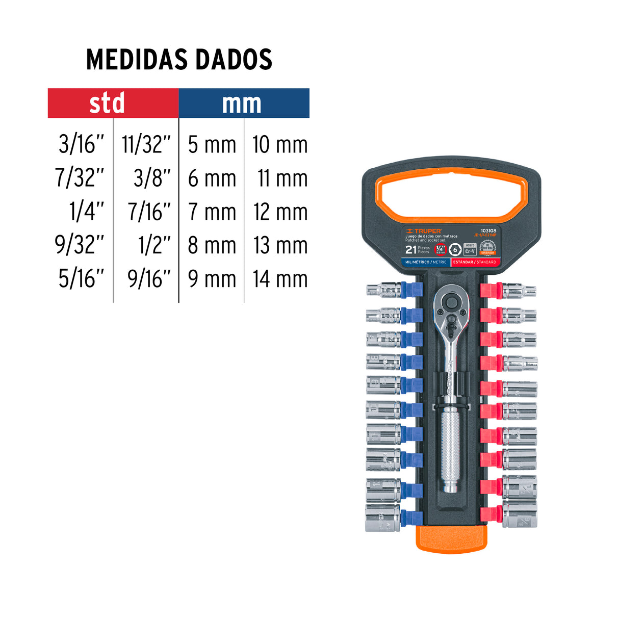 Juego de Dados mm y Std con Matraca, Cuadro 1/4', Truper