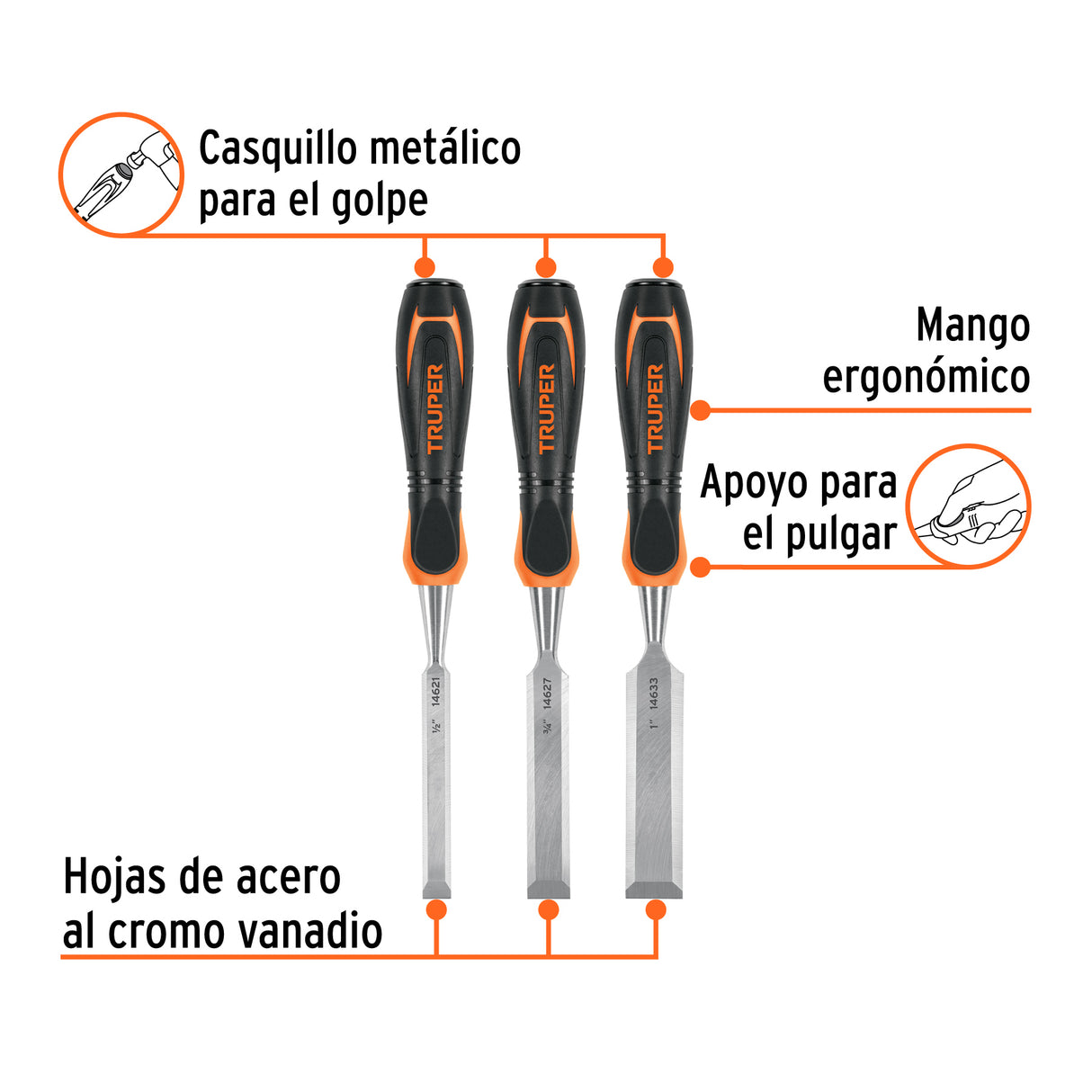 Juego de 3 Formones Mango Comfort Grip, Truper