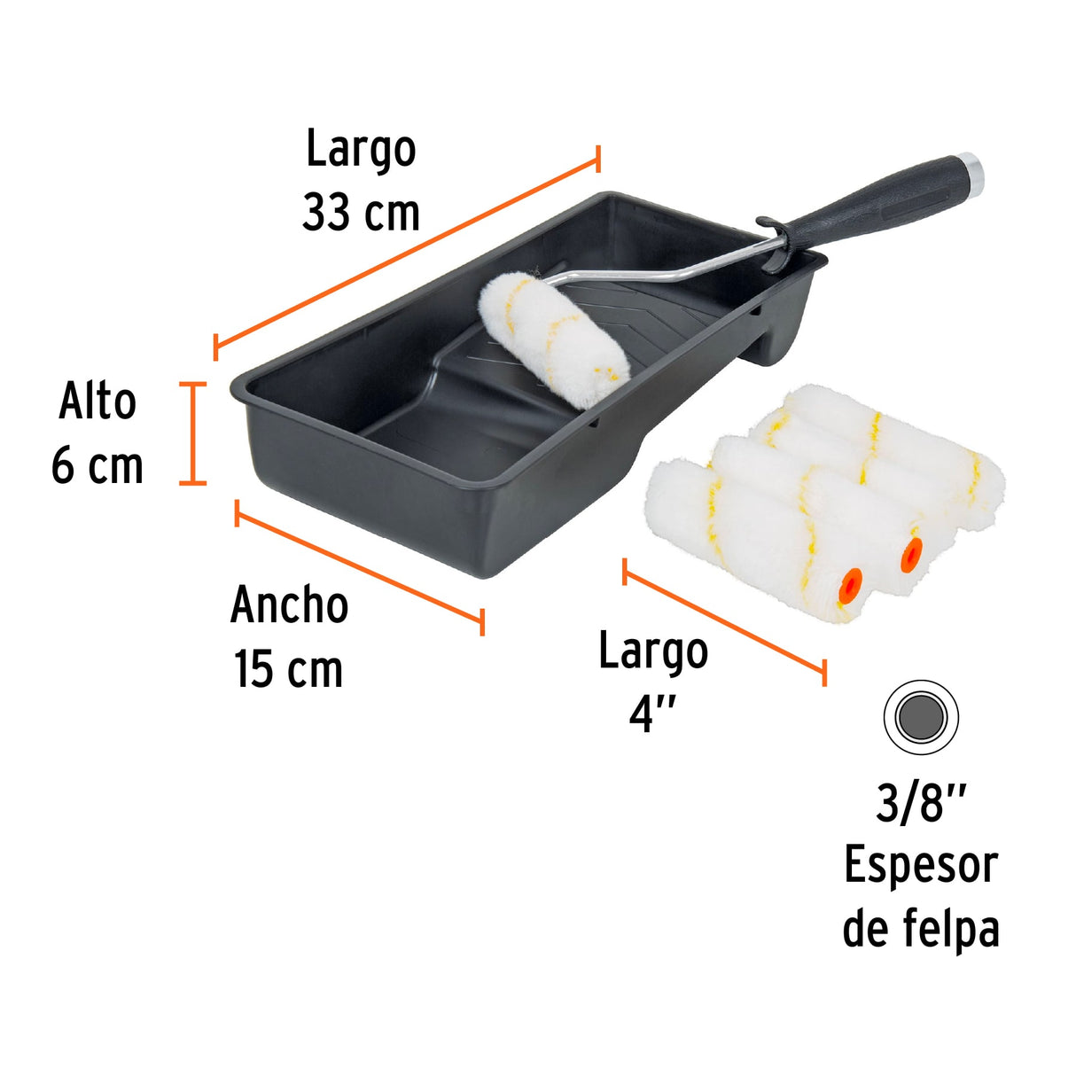 Kit de Rodillo para Pintar, 4' (Maneral, Charola y 5 Felpas)