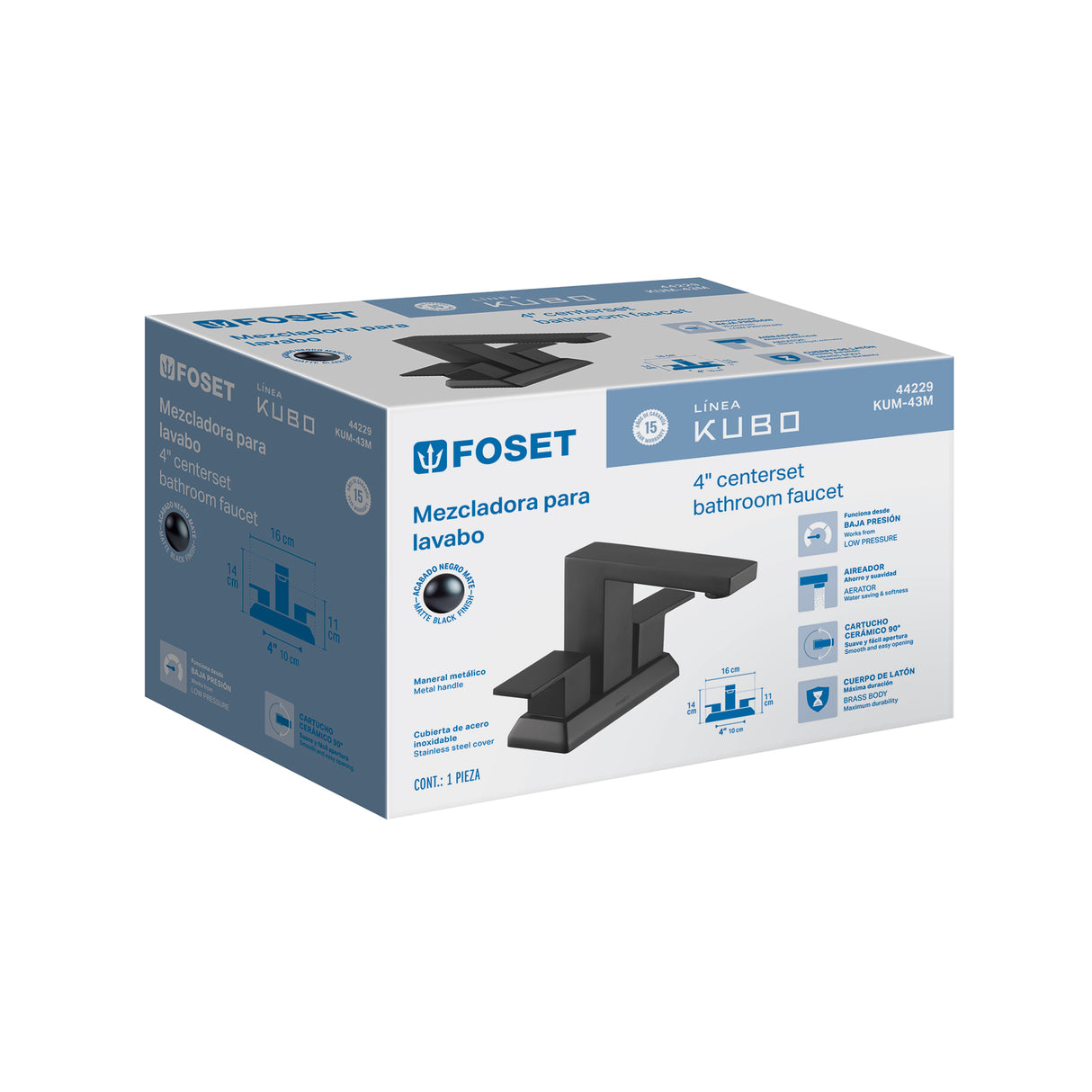 Mezcladora para Lavabo 4', Negro, Foset Kubo