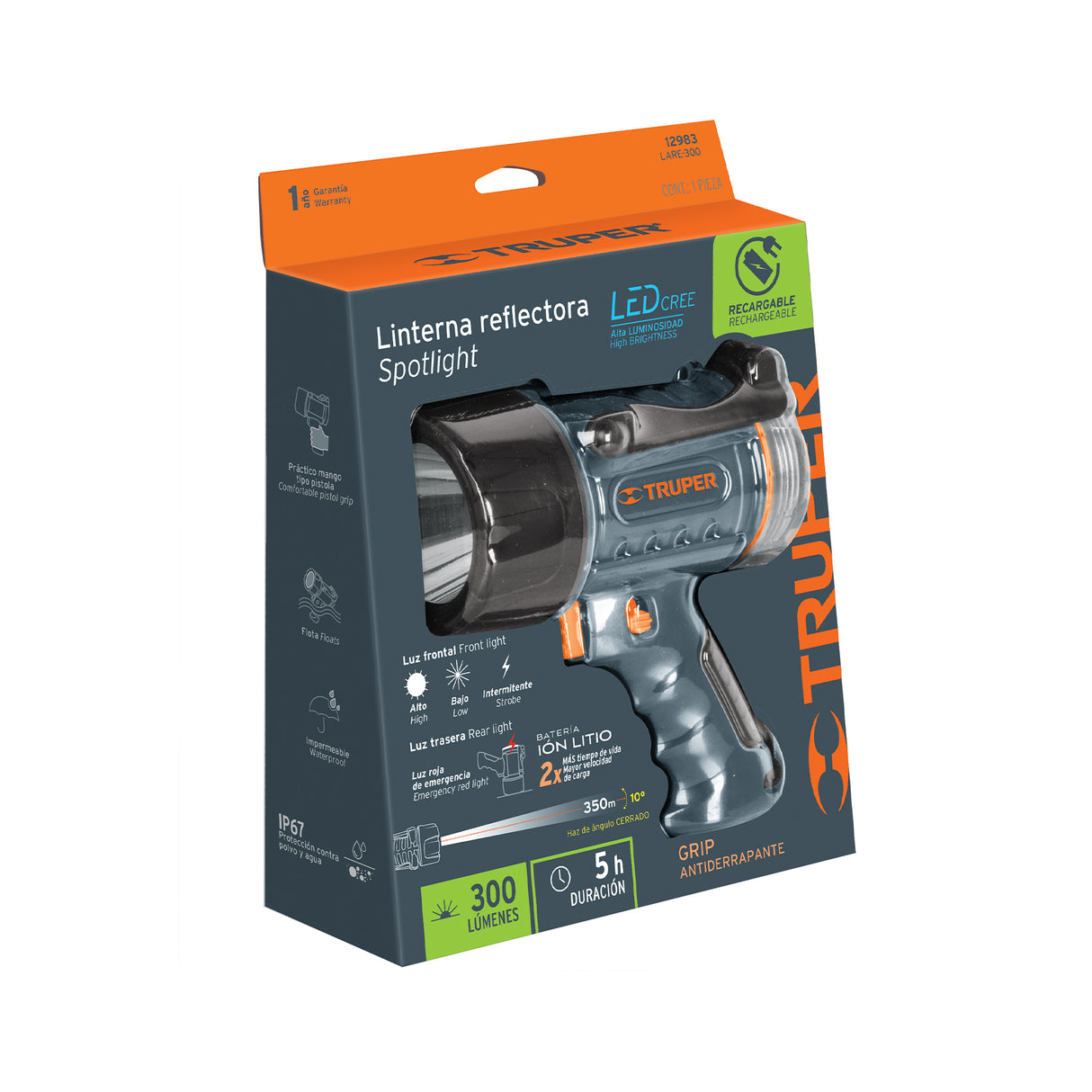 Linterna Reflectora LED 300 Lm Recargable, Truper