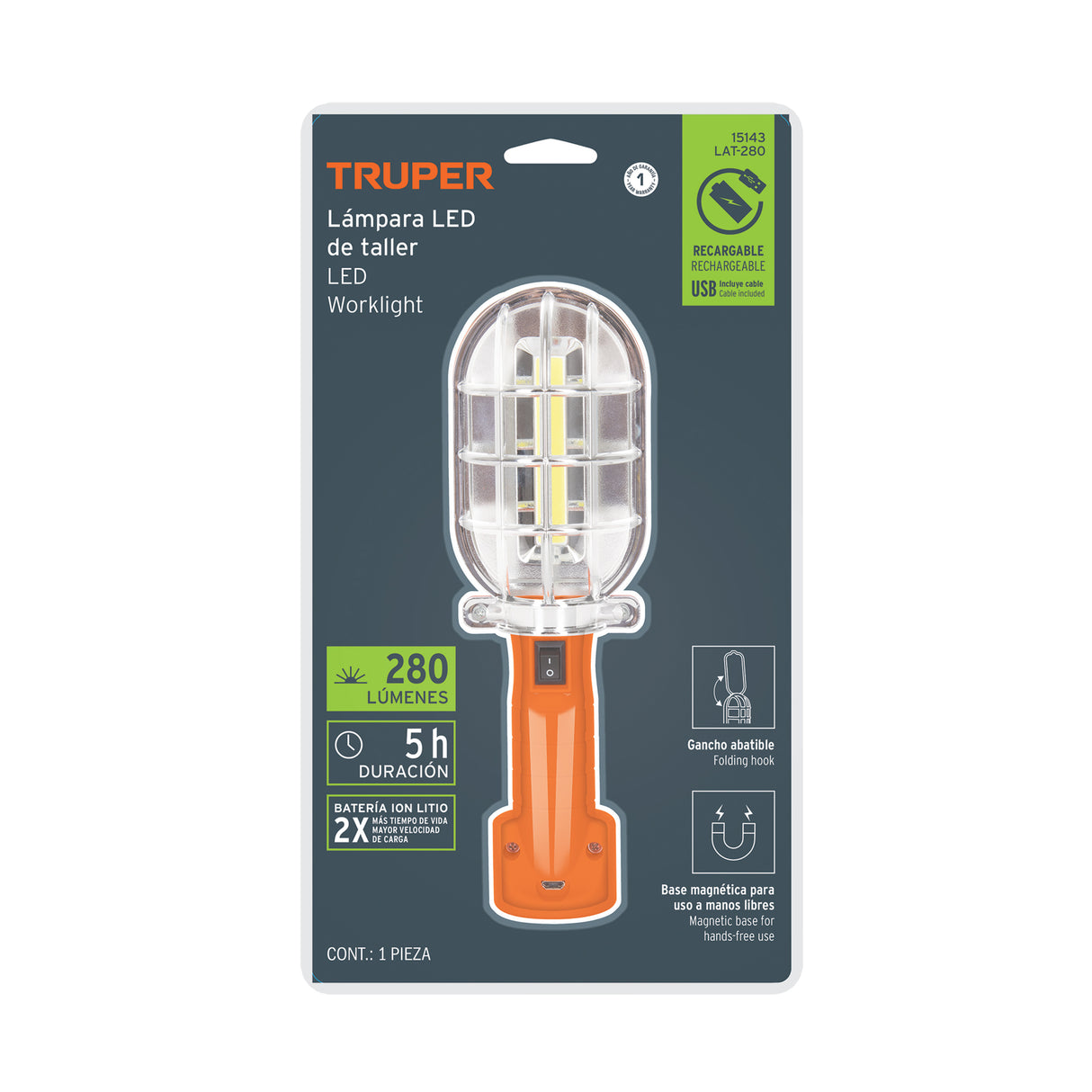 Lámpara LED 280 Lm de Taller, Recargable, Truper