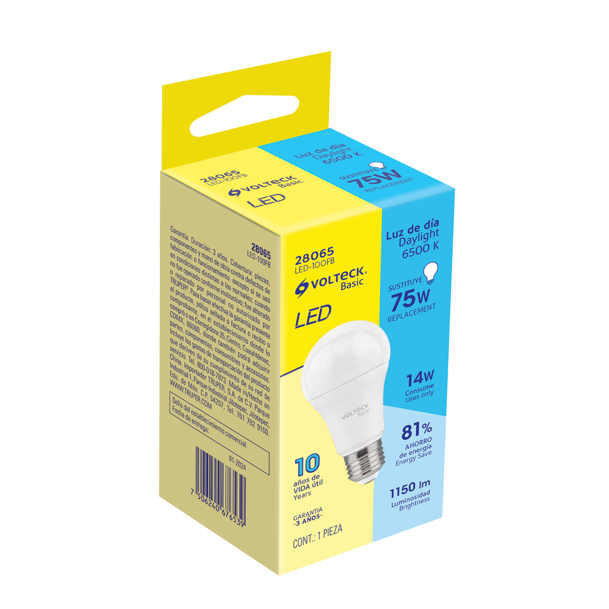 Foco LED 14 W (75 W) A19, 6500K Blanca Fría, 1150 Lm, Basic
