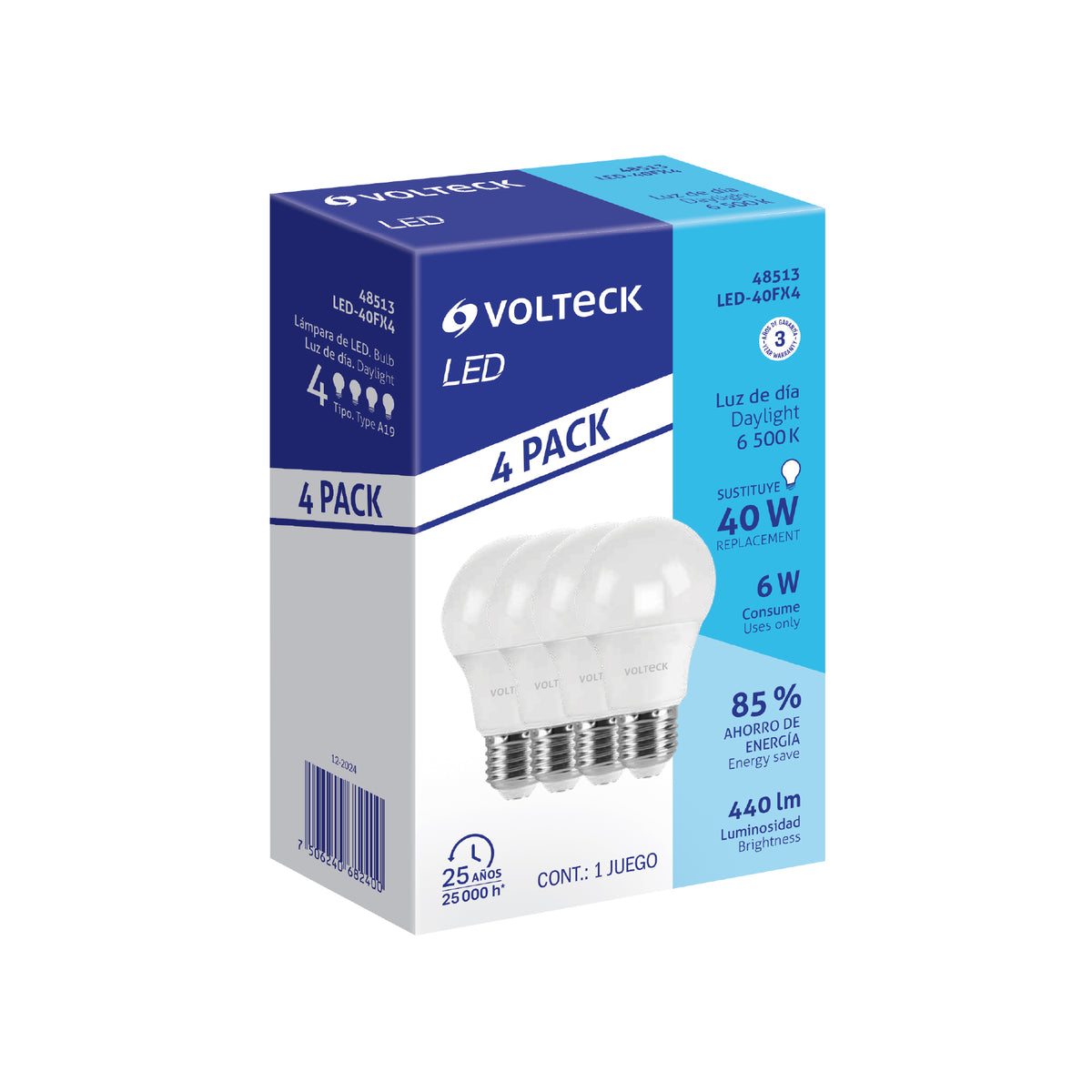 Pack 4 Focos LED 6 W (40 W) A19, 6500K Blanca Fría, 440 Lm