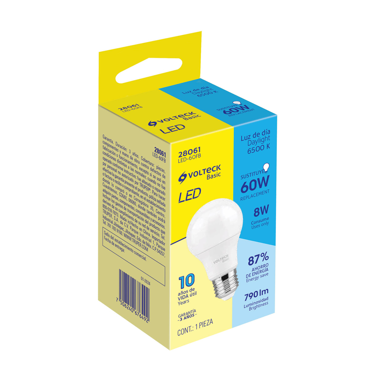Foco LED 8 W (60 W) A19, 6500K Blanca Fría, 790 Lm, Basic