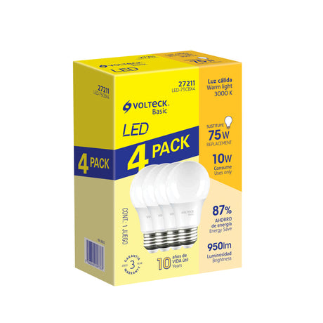 Pack 4 focos LED 10 W (75 W) A19, 3000K cálida, 950 lm, BASIC