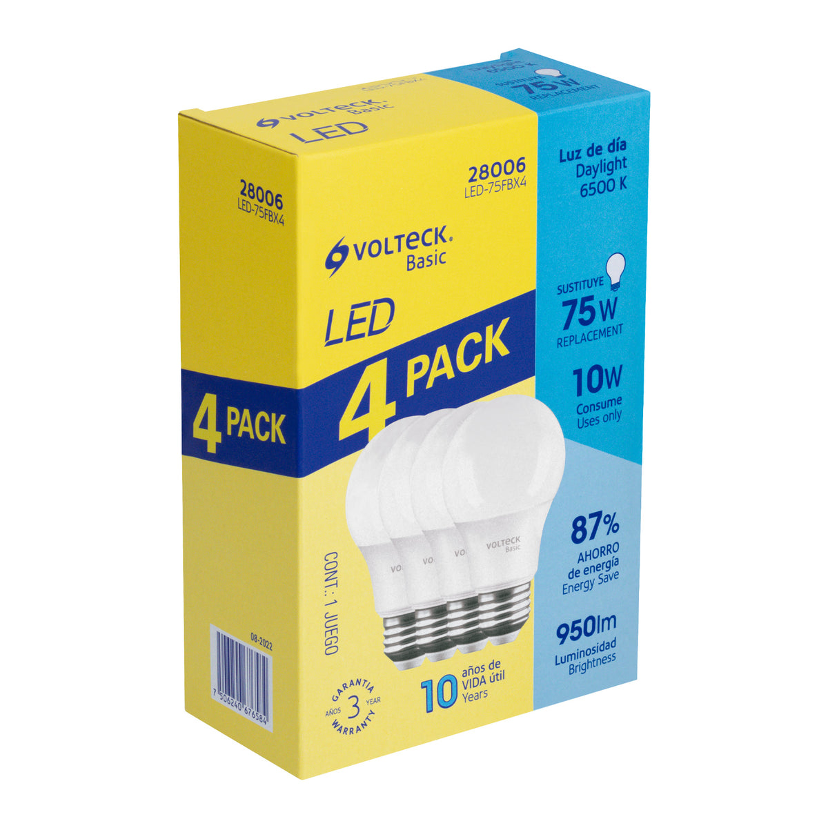 Pack 4 Focos LED 10 W (75 W) A19, 6500K Fría, 950 Lm, Basic