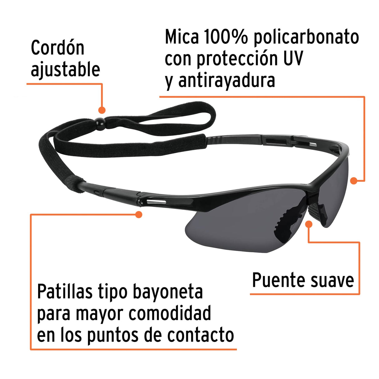 Lentes Seguridad Grises Antiempaño C/Cordón Ajustable, Sport