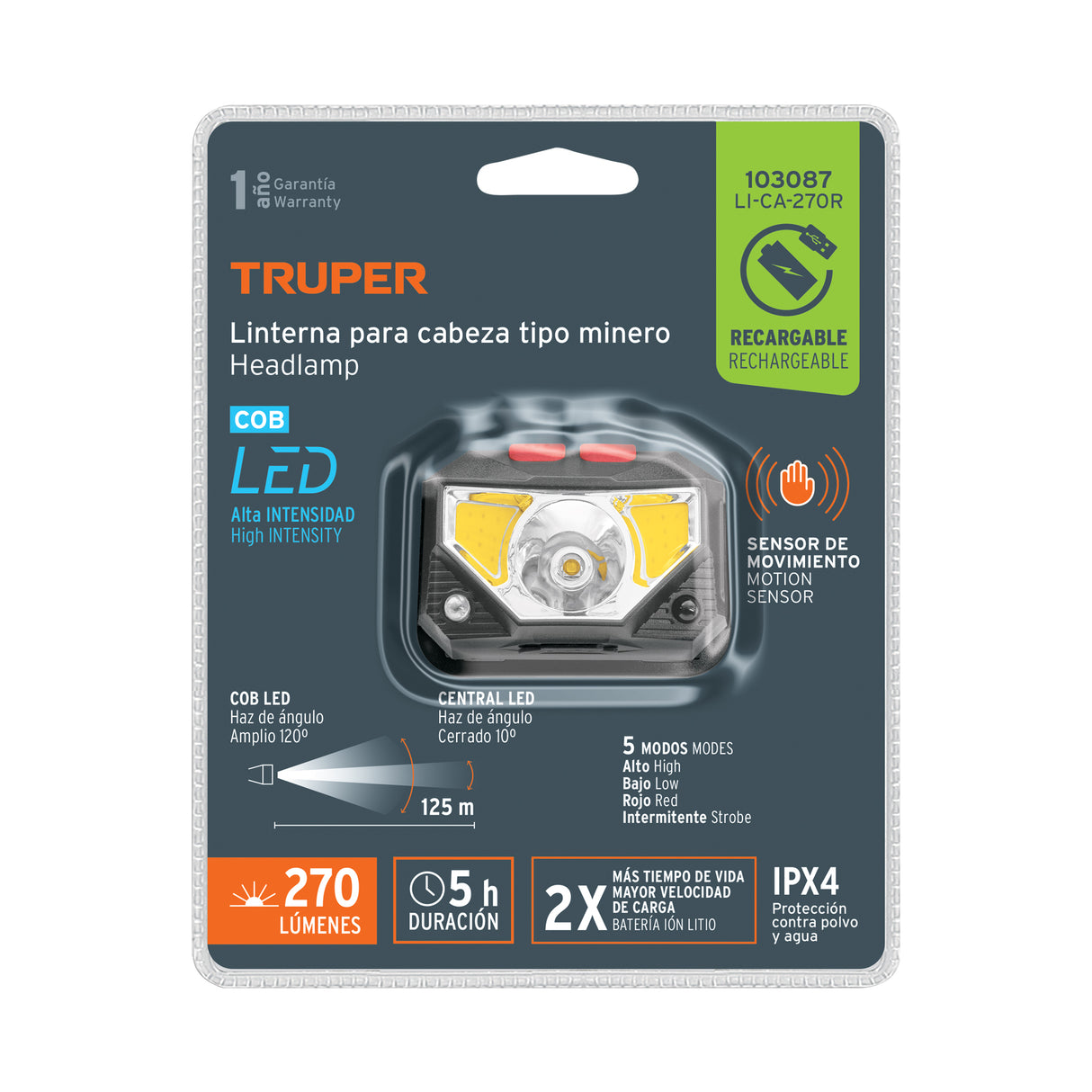 Linterna de Minero LED 270 Lm con Sensor Recargable, Truper