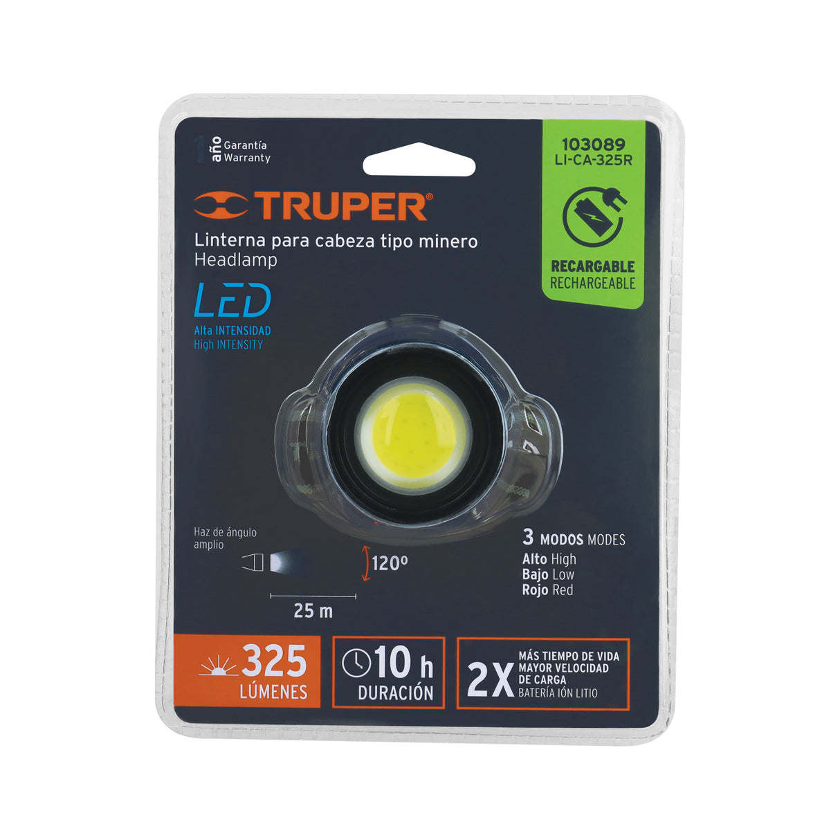 Linterna de Minero LED 325 Lm, Recargable, Truper