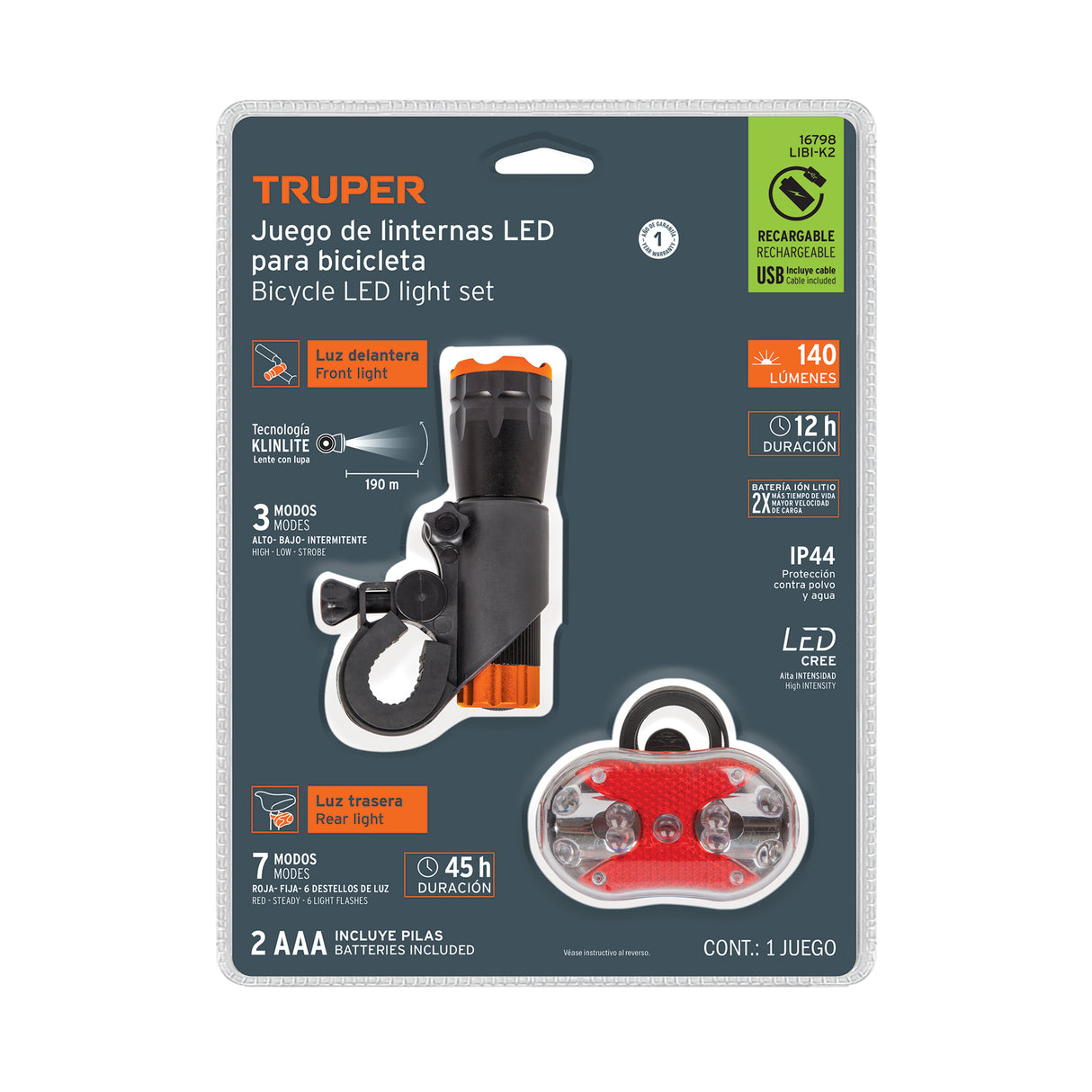 Juego de Linterna Delantera y Trasera para Bicicleta, Truper