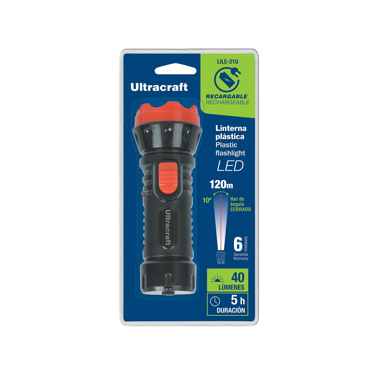 Linterna Plástica de LED, 40 Lm, Recargable, Ultracraft