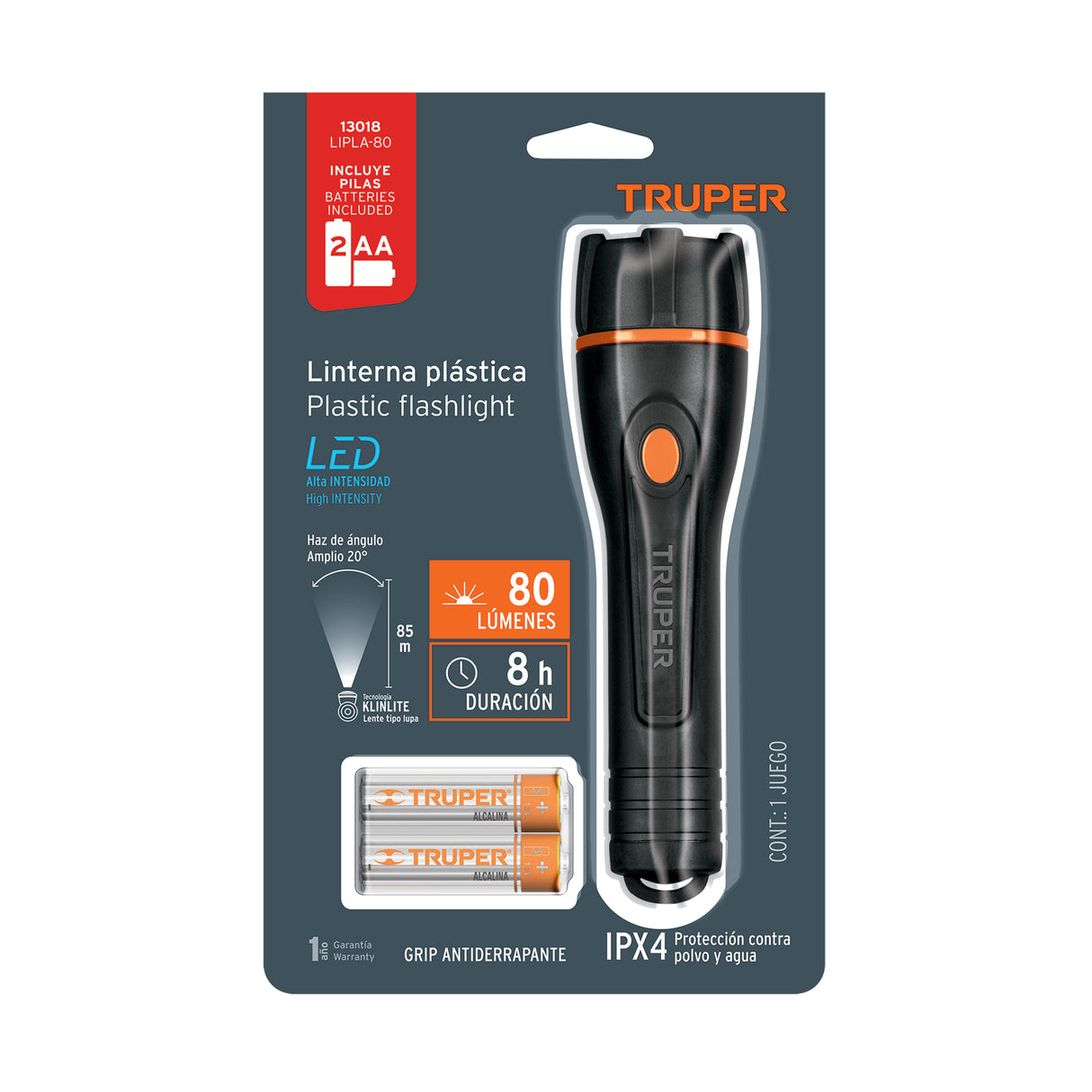 Linterna Plástica 1 LED 80 Lm con 2 Pilas Aa, Truper