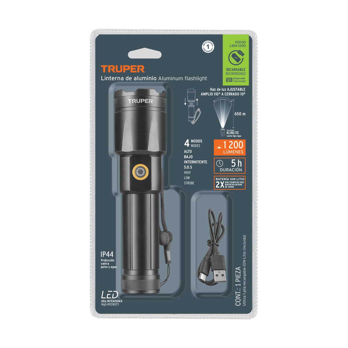 Linterna LED Recargable, de Aluminio, 1, 200 Lm, Truper