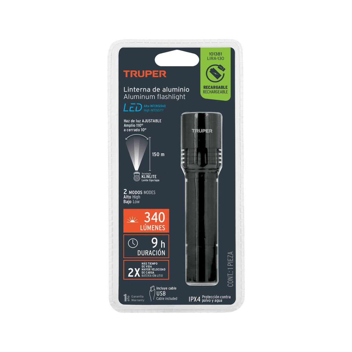 Linterna LED Recargable, de Aluminio, 340 Lm, Truper