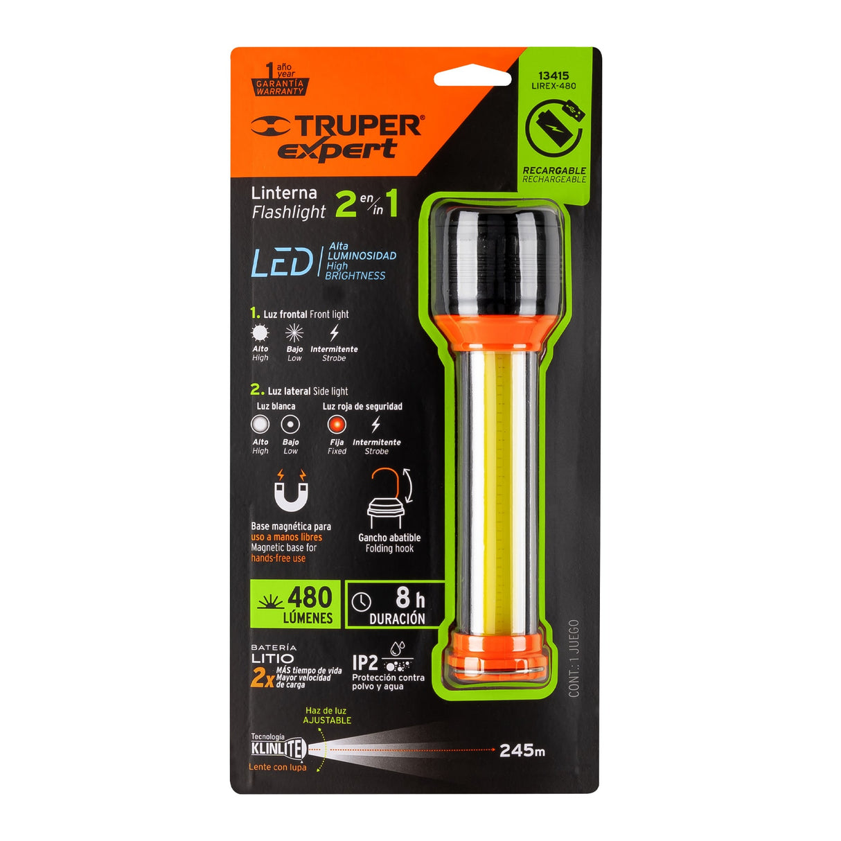 Linterna Recargable con Luz Emergencia, 480 Lm, Truper Expert