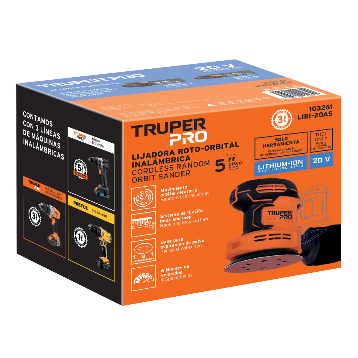 Lijadora Roto-orbital 5', 20 V, sin Accesorios, Truper Pro