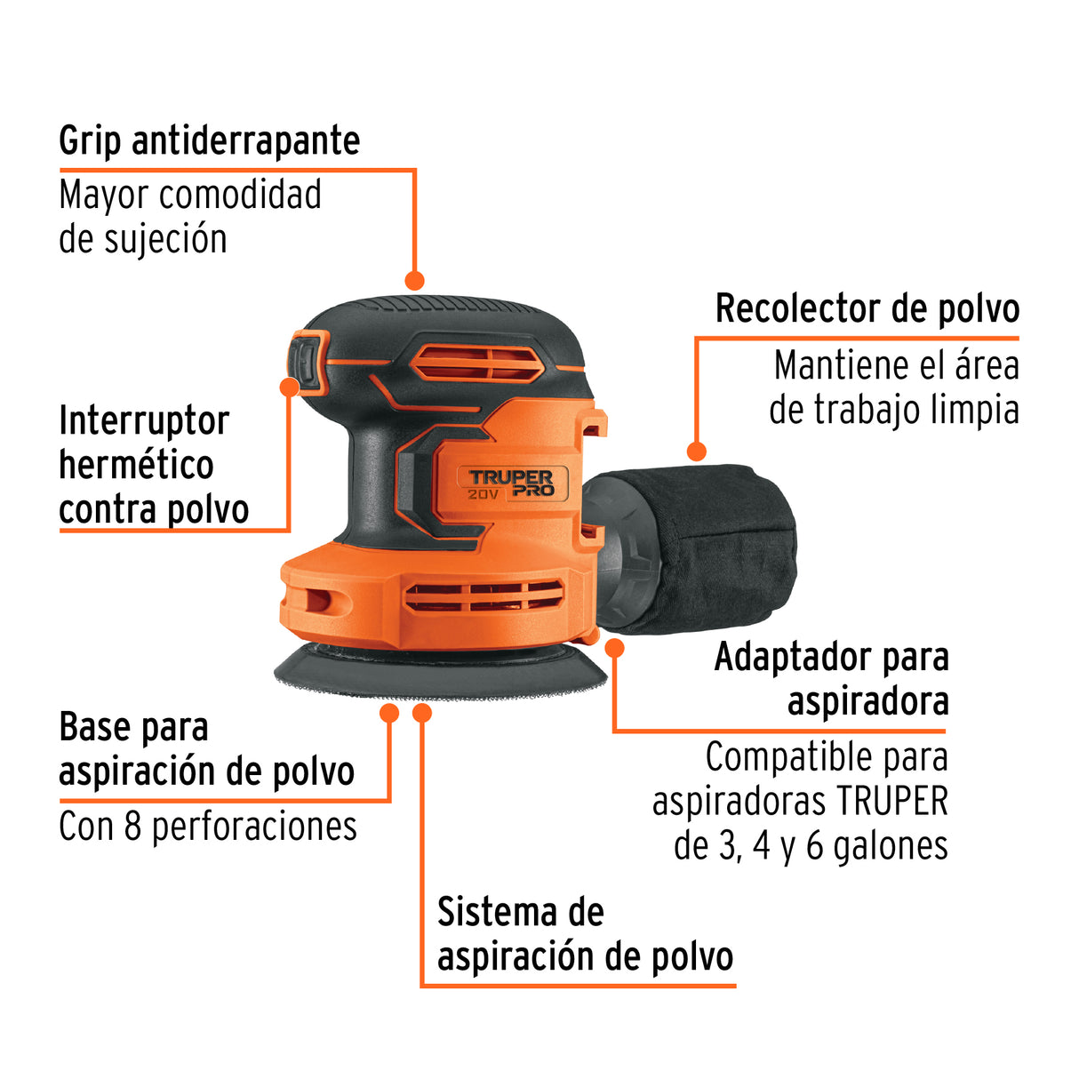 Lijadora Roto-orbital 5', 20 V, sin Accesorios, Truper Pro