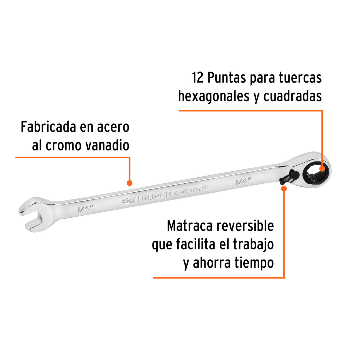 Llave Combinada Matraca Reversible 1/4'X125 mm Largo, Expert