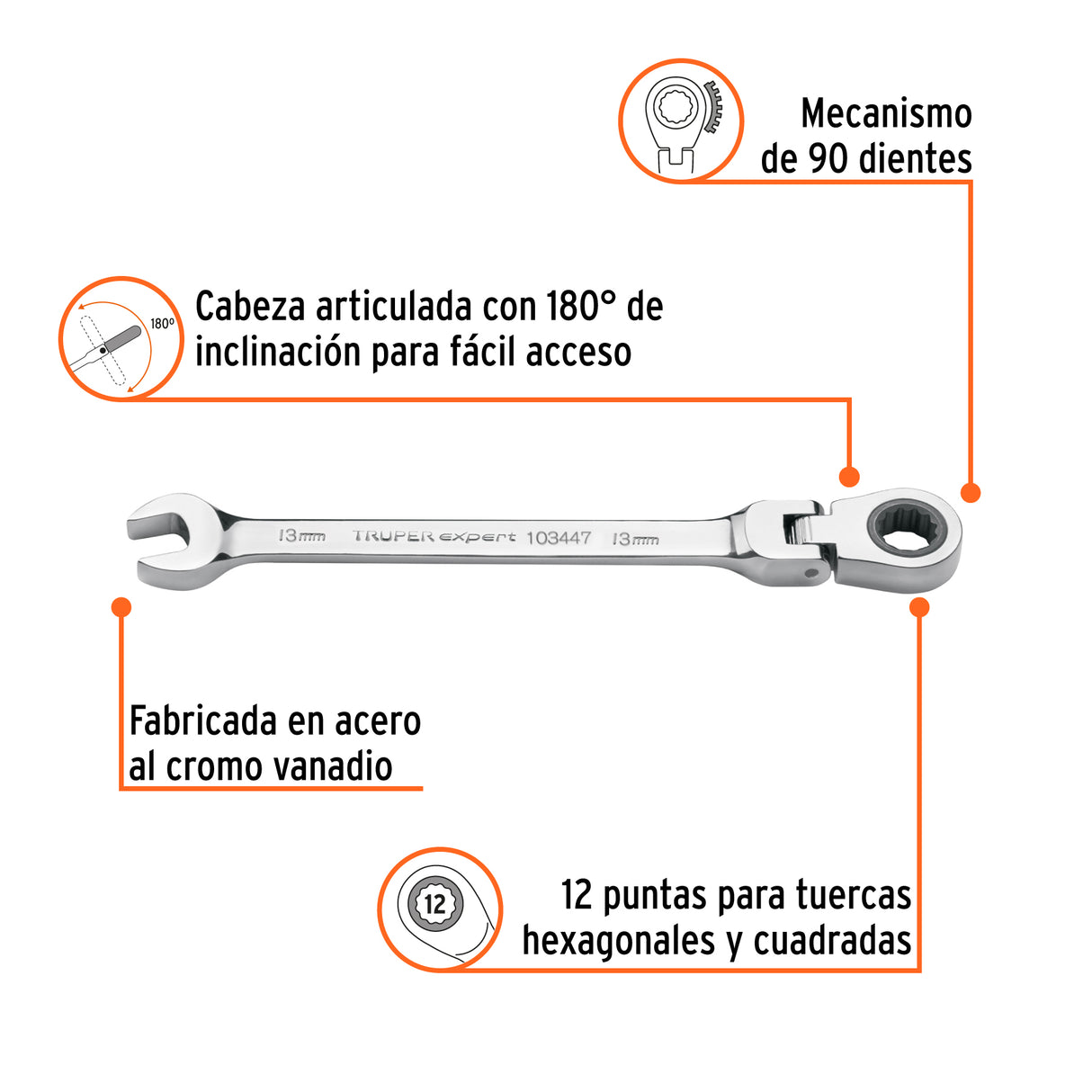 Llave Combinada con Matraca 13 mm Flexible, Expert