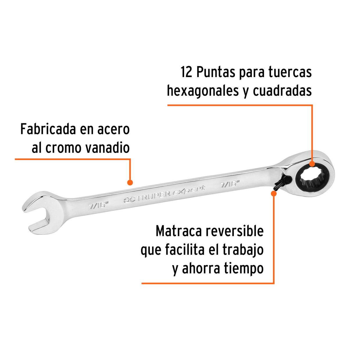Llave Combinada Matraca Reversible 7/16'X163 mm Largo, Expert