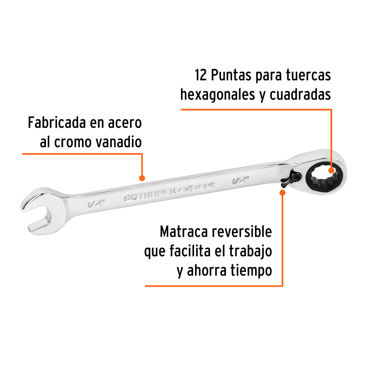 Llave Combinada Matraca Reversible 1/2'X178 mm Largo, Expert