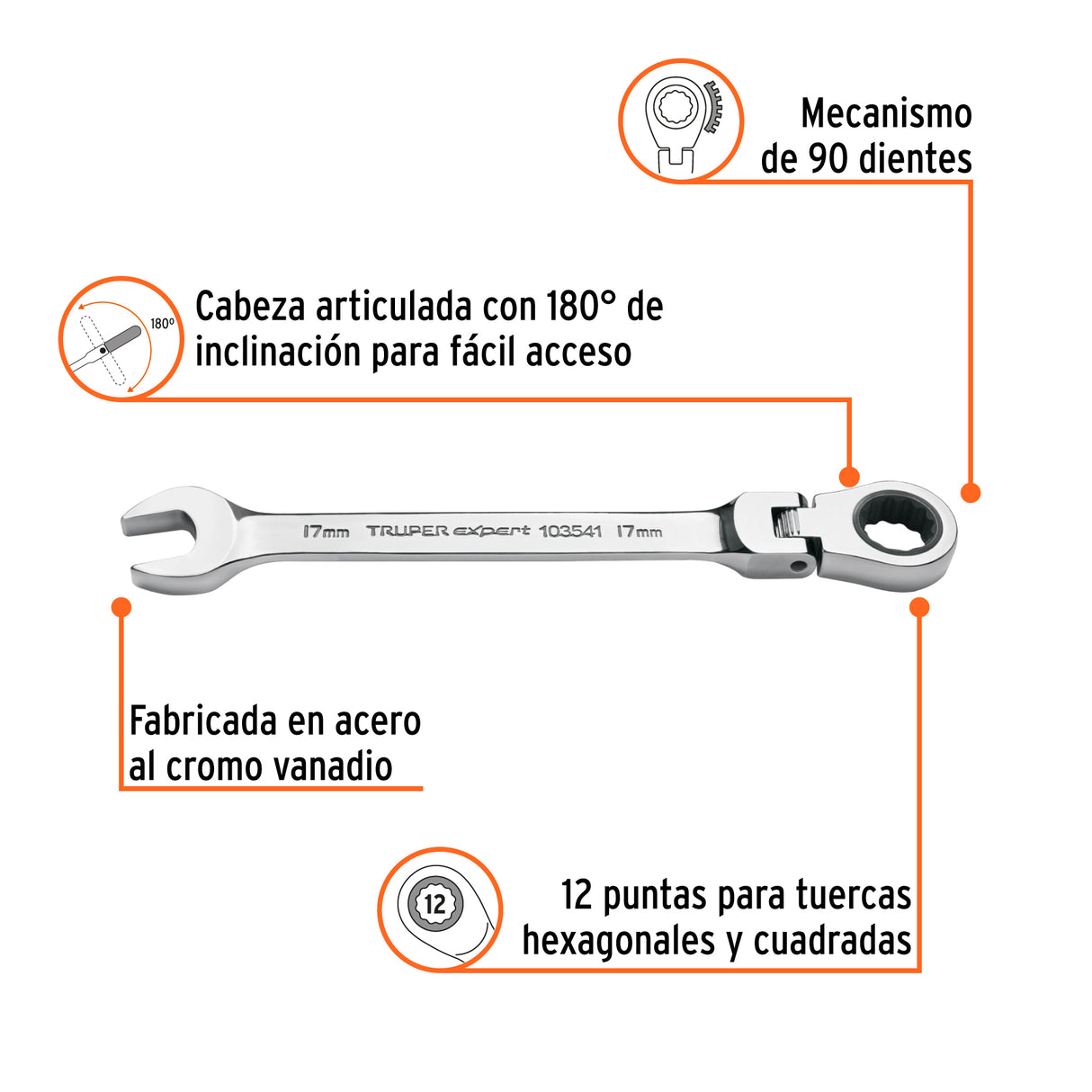 Llave Combinada con Matraca 17 mm Flexible, Expert