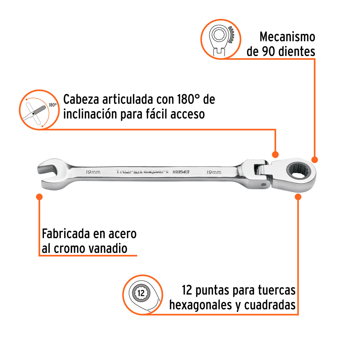 Llave Combinada con Matraca 19 mm Flexible, Expert