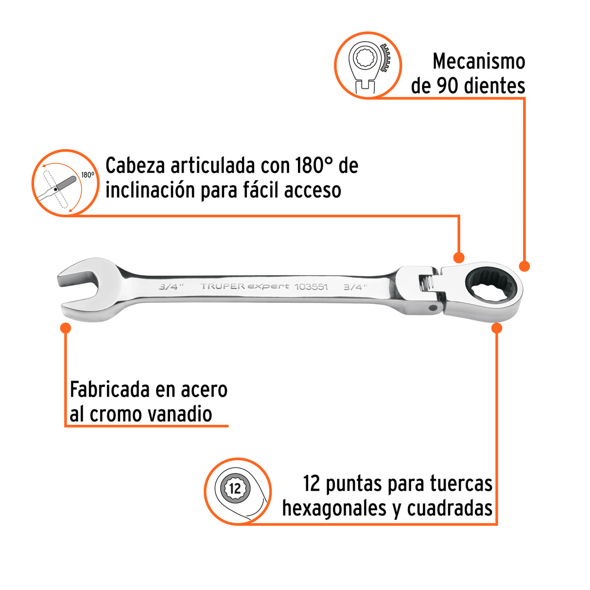 Llave Combinada con Matraca 3/4' Flexible, Expert