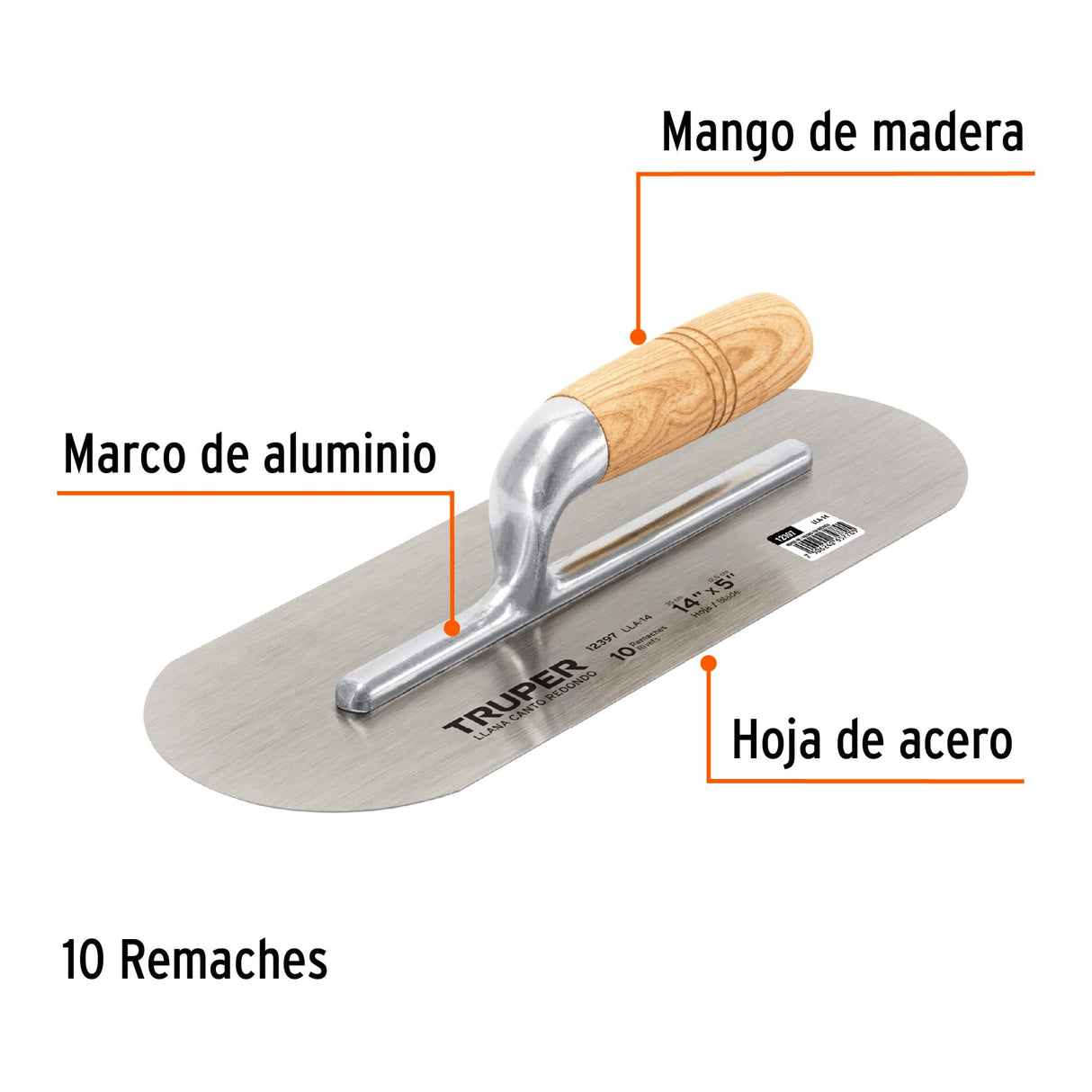 Llana Canto Redondo 14' X 5' con Mango de Madera, Truper
