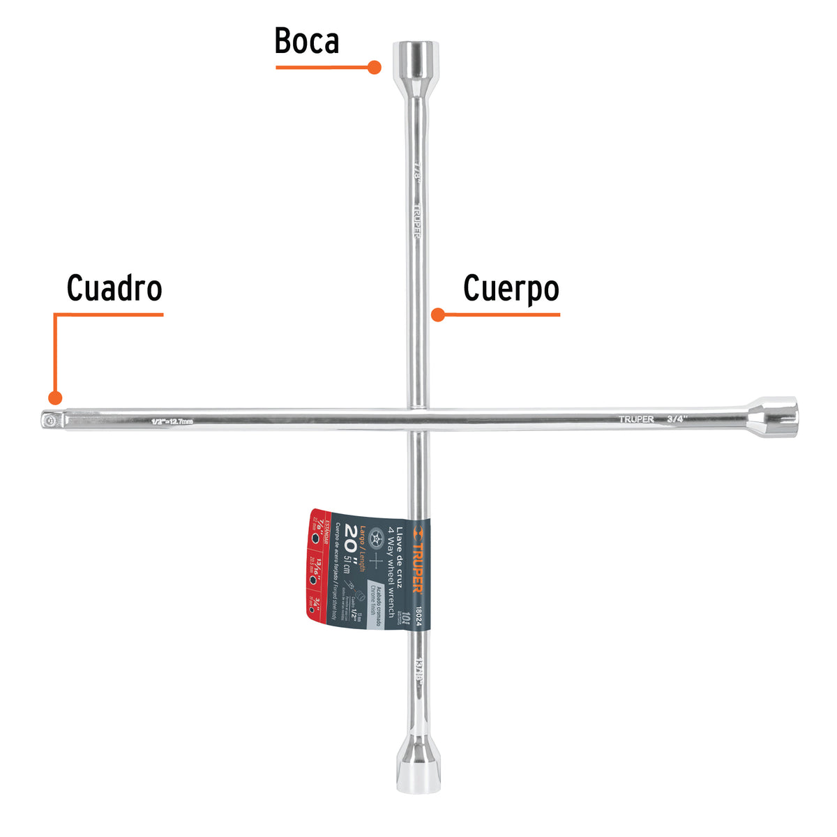 Llave de Cruz 20' Pulida y Cromada con Entrada Cuadro 1/2'