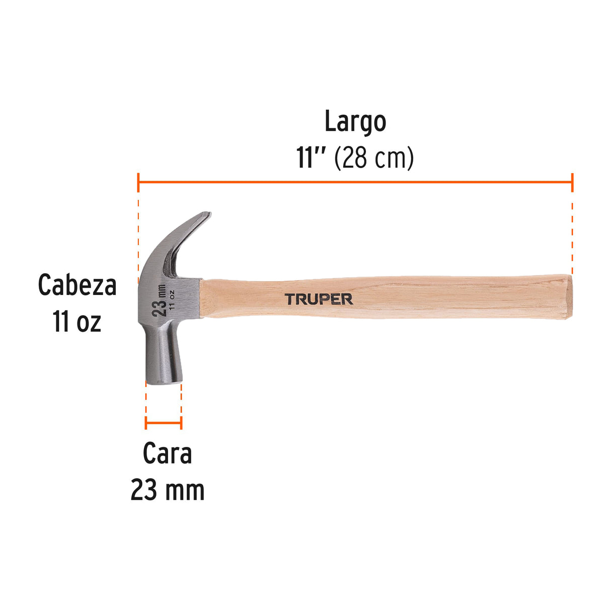 Martillo Cabeza Cónica 23 mm Uña Curva, Mango Madera, Truper