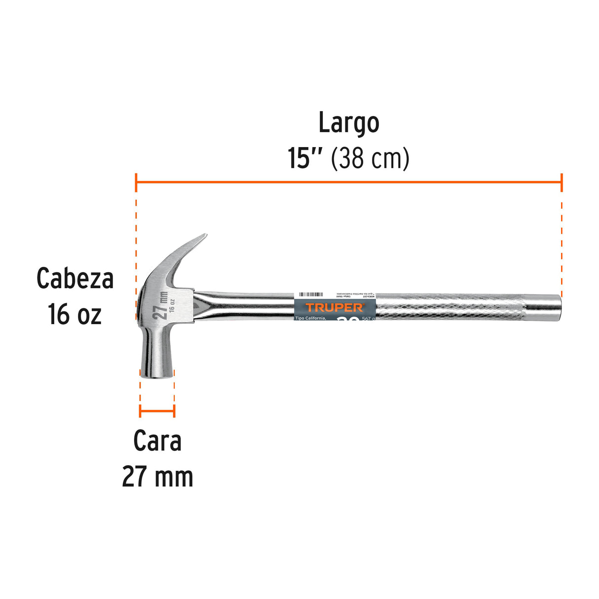 Martillo Cabeza Cónica 27 mm Uña Curva, Mango Tubular, Truper