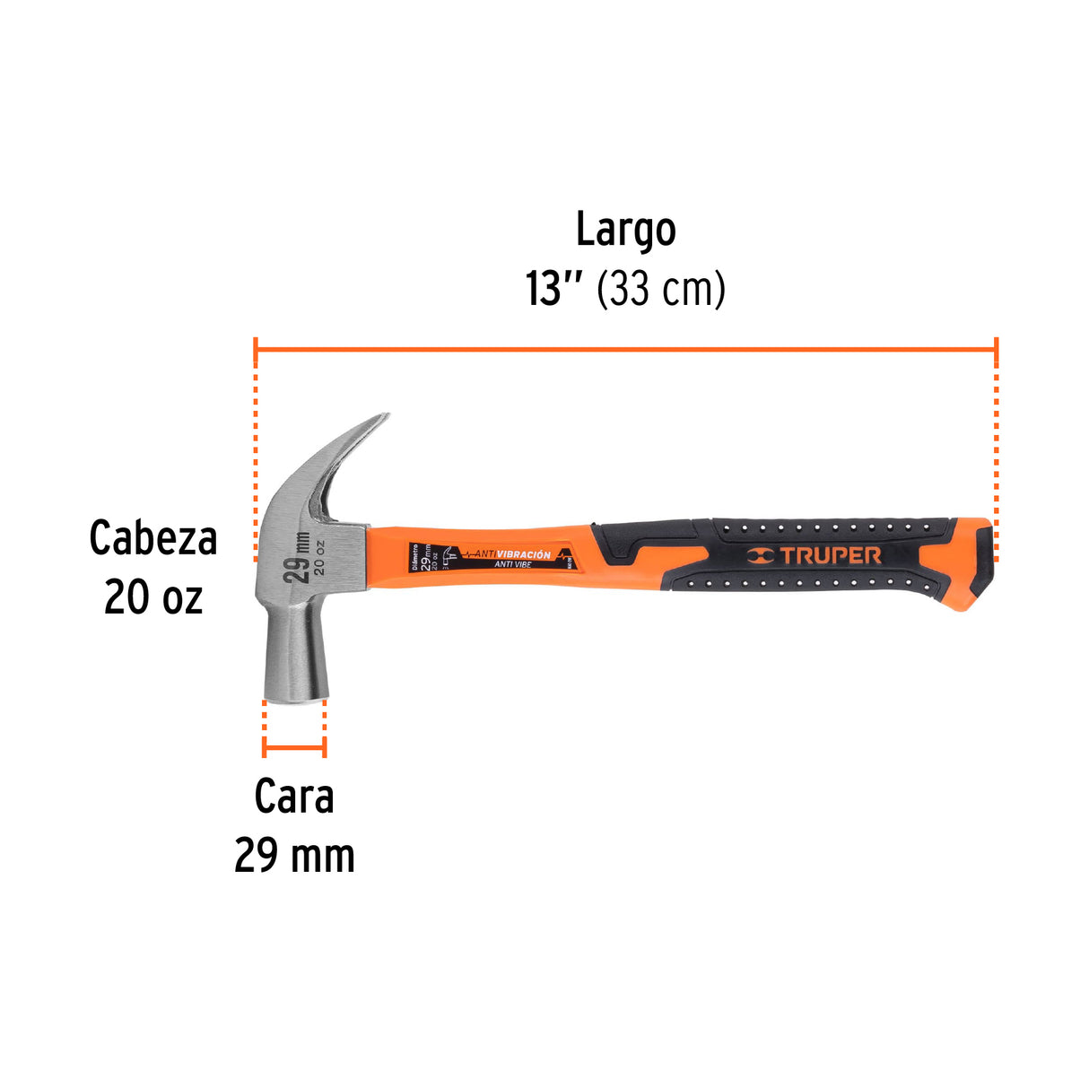 Martillo Cabeza Cónica 29 mm Uña Curva, Mango Fibra Vidrio