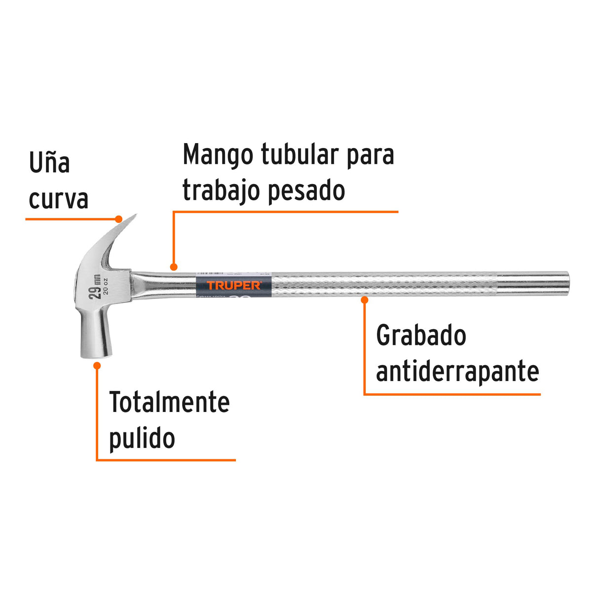 Martillo Cabeza Cónica 29 mm Uña Curva, Mango Tubular, Truper